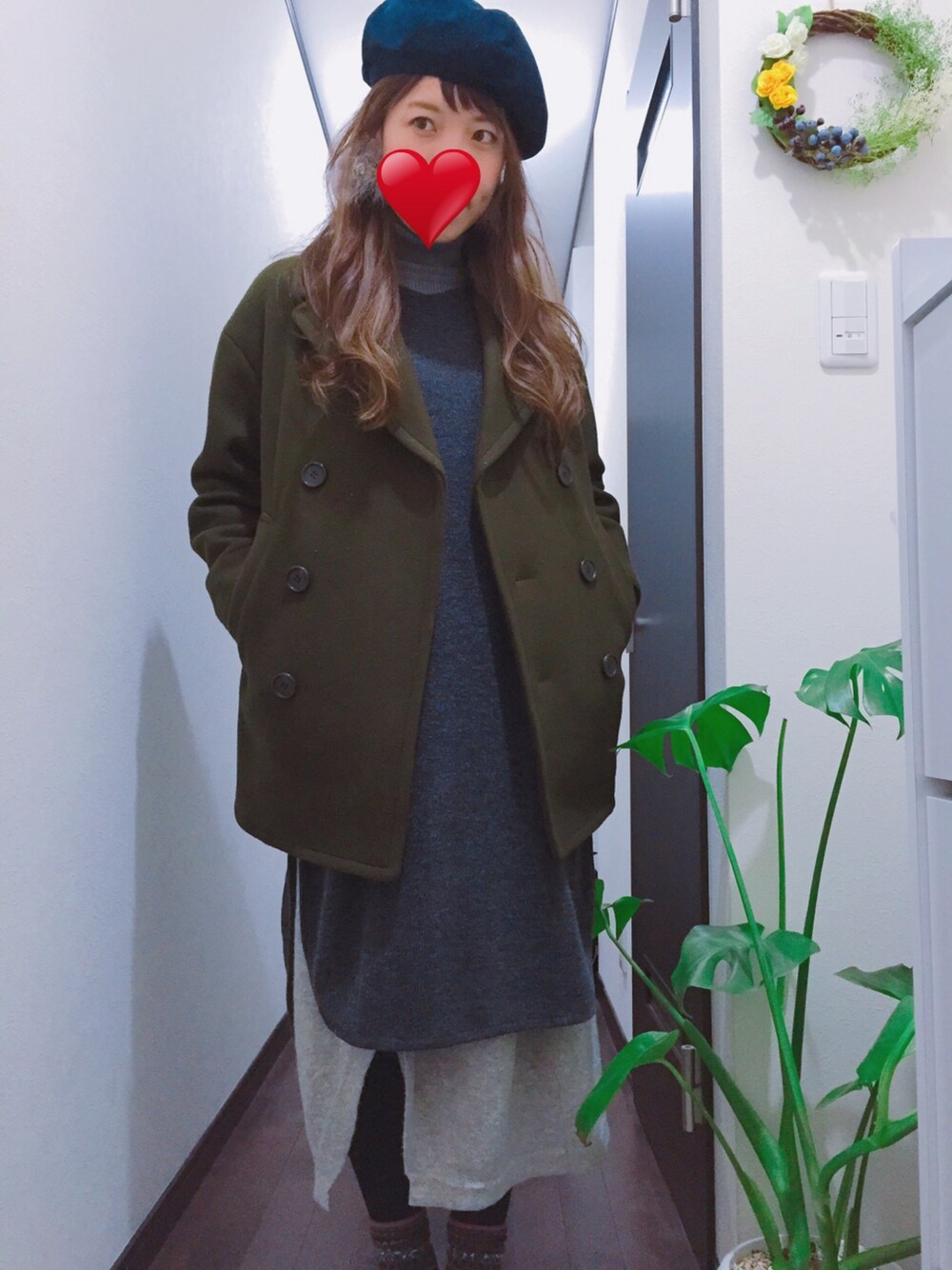 「休日スタイル」｜「BEAUTY&YOUTH UNITED ARROWSのアイテム（ピーコート、グリーン系）」を使った、nicoさん（レディース・162cm）の冬コーディネートの1枚目の写真