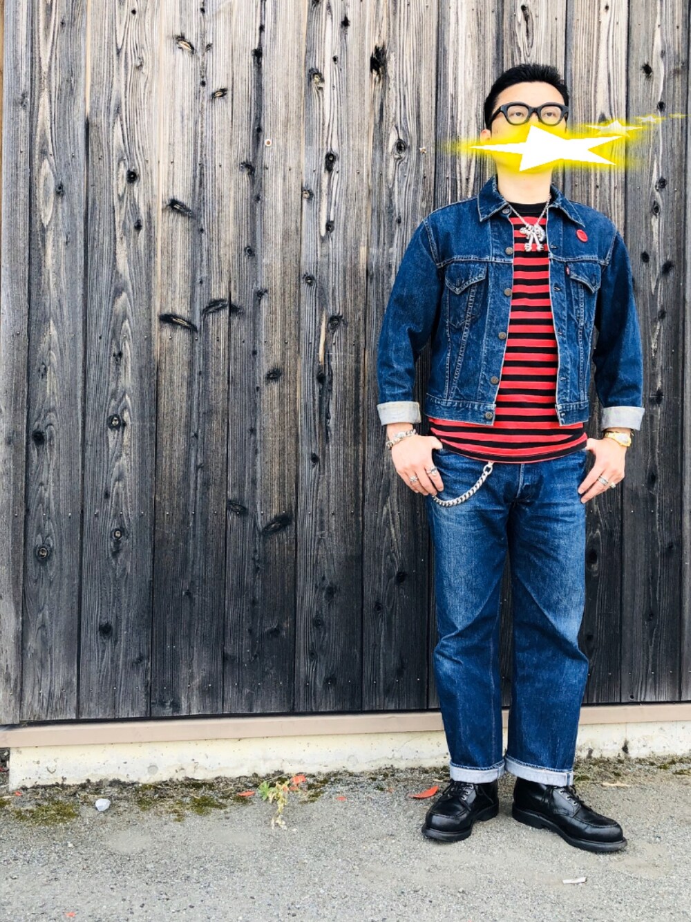「お洒落さんとつながりたい、カジュアルコーデ、いいね、save、フォローお願いします🤑、vintage、古着、40代女性、めがね、シルバーアクセサリー、Chrome Hearts、Hamilton」｜「白山眼鏡のHOOK（メガネ、ブラック系）」を使った、matsuさん（メンズ・174cm）の春コーディネートの1枚目の写真