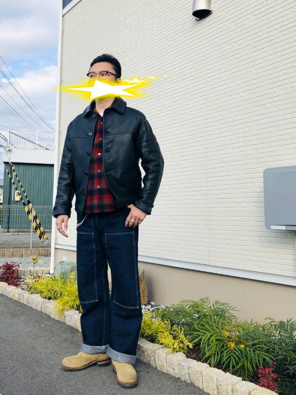 「大人カジュアル、服好きな人と繋がりたい、ワイドデニム、いいね、save、フォローお願いします🤑、レザージャケット、40代ファッション」｜「白山眼鏡のPOST（メガネ、ブラウン系）」を使った、matsuさん（メンズ・174cm）の秋コーディネートの1枚目の写真