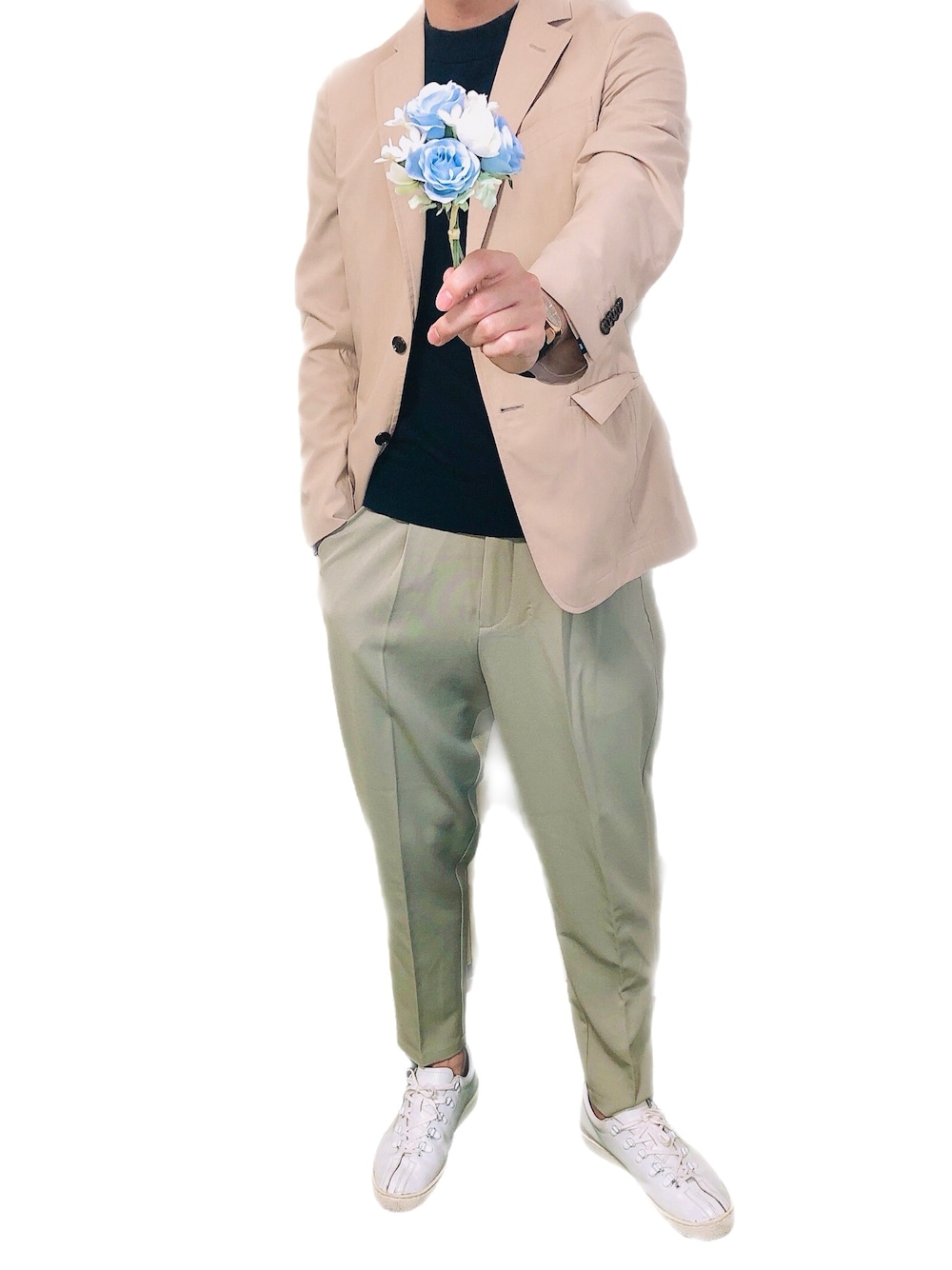 「母の日、ありがとう、おうち時間、春コーデ、ベージュジャケット、ピスタチオ、ピスタチオカラー、おうちスタイル、在宅勤務、テレワーク」｜「韓国ファッション #Kのアイテム（セットアップ、ベージュ系）」を使った、おにぎりは明太子さん（メンズ・176cm）の春コーディネートの1枚目の写真