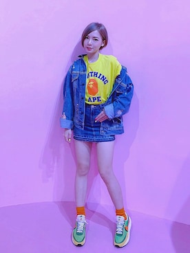 「Bape」｜「アイテム（デニムジャケット）」を使った、ᴴᴬᴺᴱᴿ陳涵さん（レディース・157cm）の秋コーディネート