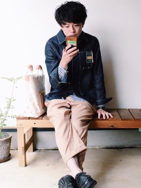 「パラブーツ」｜「アイテム（デニムジャケット）」を使った、アマネさん（メンズ・175cm）の秋コーディネート