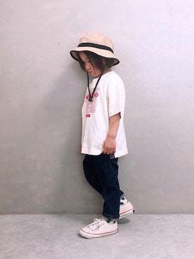「pairmanon（ペアマノン）のジュート素材 アウトドアハット（ハット）」を使った、SGRさん（キッズ・110cm）の春コーディネート