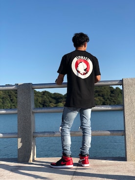 「exampleのアイテム（Tシャツ/カットソー、ブラック系）」を使った、himejisaruさん（メンズ・174cm）の秋コーディネート