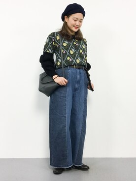 「Ray BEAMS（レイビームス）のRay BEAMS / デニム切り替え ワイドパンツ（デニムパンツ）」を使った、山本舞香さん（レディース・157cm）の冬コーディネート
