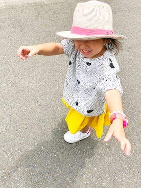 「MARLMARL（マールマール）の【MARLMARL/マールマール】 HAT/キッズサイズ（巾着リュック付き）（ハット、ピンク系）」を使った、RioN♡YunoNさん（キッズ・133cm）の春コーディネート