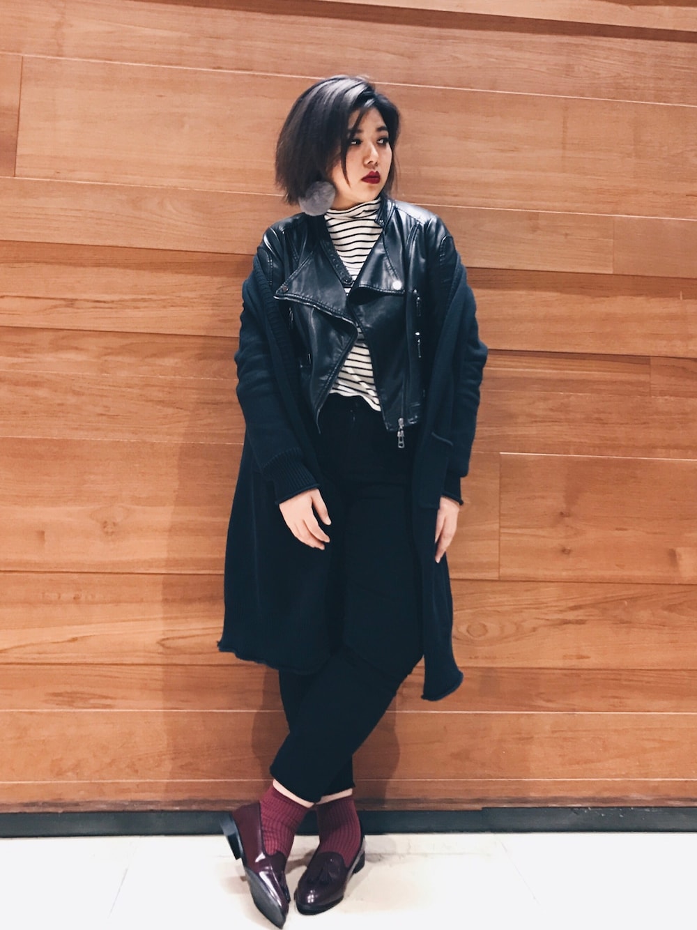 「今日の服、dailylook、plussize、plussizefashion」｜「juicyfattyのアイテム（ライダースジャケット、ブラック系）」を使った、包BAOさん（レディース・172cm）の冬コーディネートの1枚目の写真