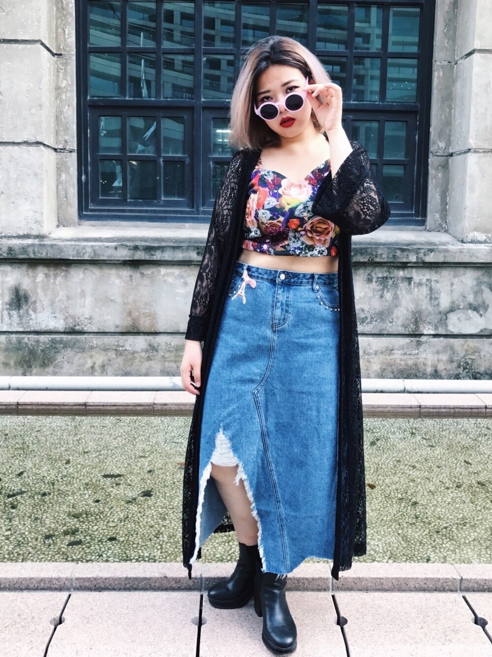 「#ぽっちゃり、夏コーデ、今日の服、plussize、plussizefashion、curvy、ラファコーデ、juicyfatty」｜「Juicy Fattyのアイテム（デニムスカート、ブルー系）」を使った、包BAOさん（レディース・172cm）の夏コーディネートの1枚目の写真