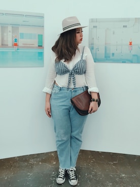 「アイテム（チューブトップ、ブルー系）」を使った、包BAOさん（レディース・172cm）の秋コーディネート