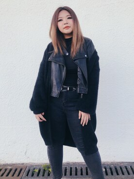 「同色コーデ」｜「アイテム（ライダースジャケット）」を使った、包BAOさん（レディース・172cm）の冬コーディネート