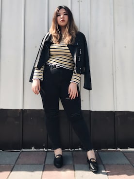 「FOREVER 21」｜「アイテム（ライダースジャケット）」を使った、包BAOさん（レディース・172cm）の冬コーディネート