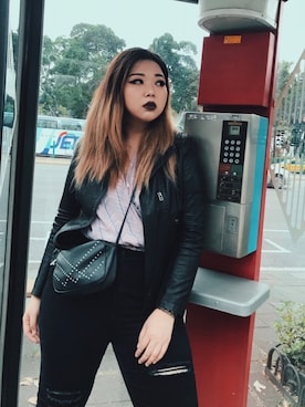 「FOREVER 21」｜「アイテム（ライダースジャケット）」を使った、包BAOさん（レディース・172cm）の春コーディネート