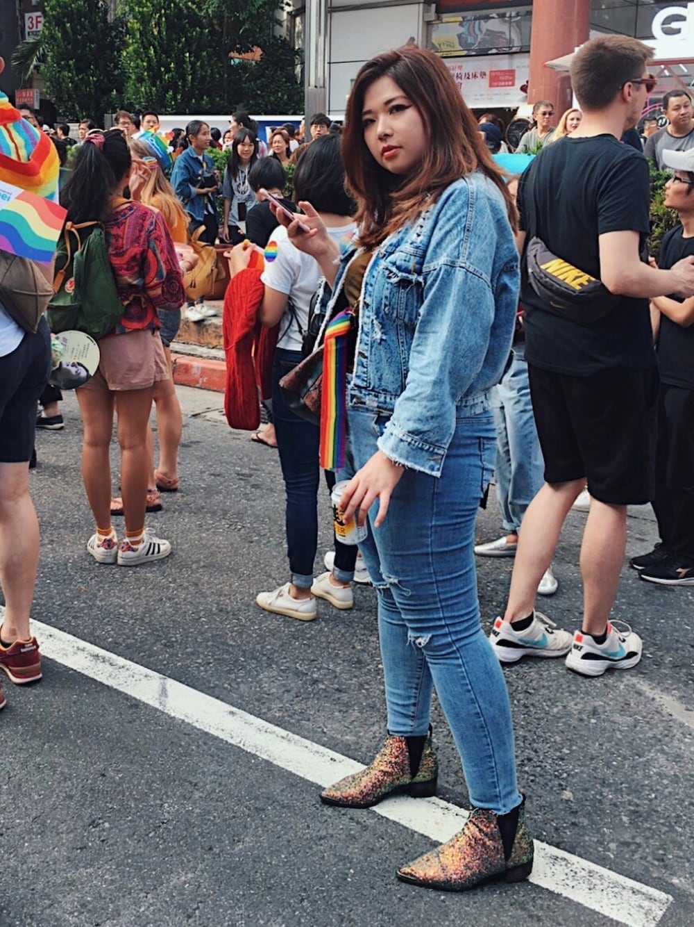 「ootd、denim、同色コーデ、街頭穿搭、ぽっちゃり、plussize、juicyfatty、ZARA、asos、台湾」｜「asosのアイテム（ブーツ、その他）」を使った、包BAOさん（レディース・172cm）の秋コーディネートの1枚目の写真