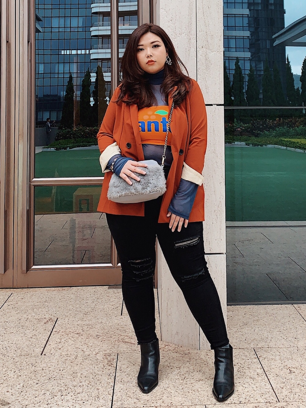 「wedding、ぽっちゃり、plussize、juicyfatty、asos、FOREVER 21、GLOBAL WORK、plussizefashion、daily look、台湾」｜「Juicy Fattyのアイテム（テーラードジャケット、オレンジ系）」を使った、包BAOさん（レディース・172cm）の冬コーディネートの1枚目の写真