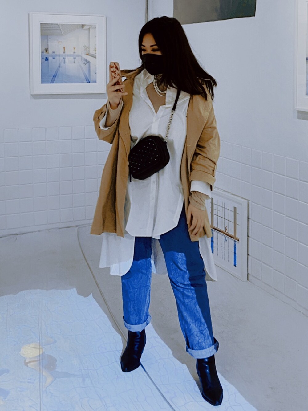 「ootd、oversize、ぽっちゃり、juicyfatty、plussize、jeans、ウィンドウペン、シャツ、台湾、daily look」｜「PAZZOのアイテム（その他アウター、ベージュ系）」を使った、包BAOさん（レディース・172cm）の冬コーディネートの1枚目の写真