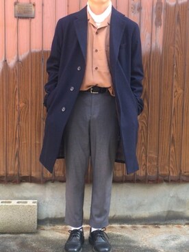 Gu ジーユー のチェスターコート パープル系 を使ったメンズ人気ファッションコーディネート Wear