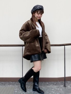 「ファーコート」｜「アイテム（ハンチング/ベレー帽）」を使った、yuukaさん（レディース・155cm）の秋コーディネート