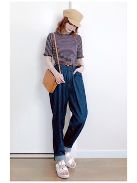 「earth music&ecology（アースミュージックアンドエコロジー）のメローボートネック半袖プルオーバー（Tシャツ/カットソー）」を使った、喵喵小桃さん（レディース・160cm）の夏コーディネート