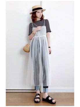 「earth music&ecology（アースミュージックアンドエコロジー）のメローボートネック半袖プルオーバー（Tシャツ/カットソー）」を使った、喵喵小桃さん（レディース・160cm）の夏コーディネート