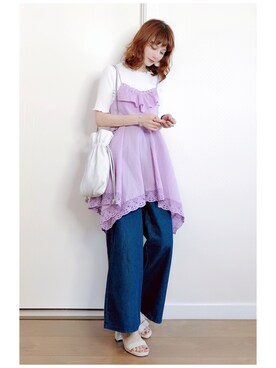 「earth music&ecology（アースミュージックアンドエコロジー）のメローボートネック半袖プルオーバー（Tシャツ/カットソー）」を使った、喵喵小桃さん（レディース・160cm）の夏コーディネート
