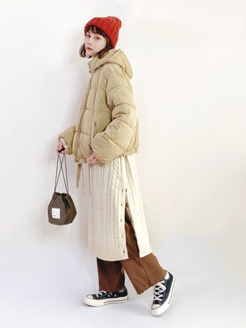 「休闲」｜「アイテム（ニットキャップ/ビーニー）」を使った、喵喵小桃さん（レディース・160cm）の冬コーディネート