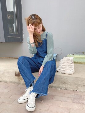 「休闲」｜「アイテム（サロペット/オーバーオール）」を使った、喵喵小桃さん（レディース・160cm）の春コーディネート