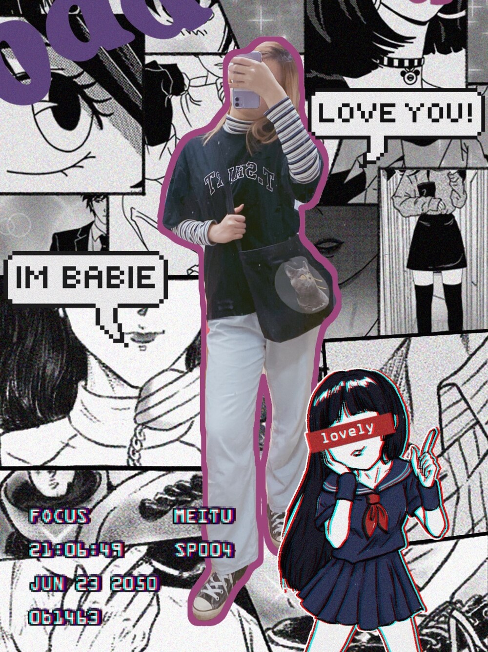 「ootd、oversize、休闲、通勤穿搭、school、学校、秋のコーデ、冬コーデ」｜「忠犬小八梨形自制のアイテム（Tシャツ/カットソー、ブラック系）」を使った、Peach🍑さん（レディース・170cm）の秋コーディネートの1枚目の写真