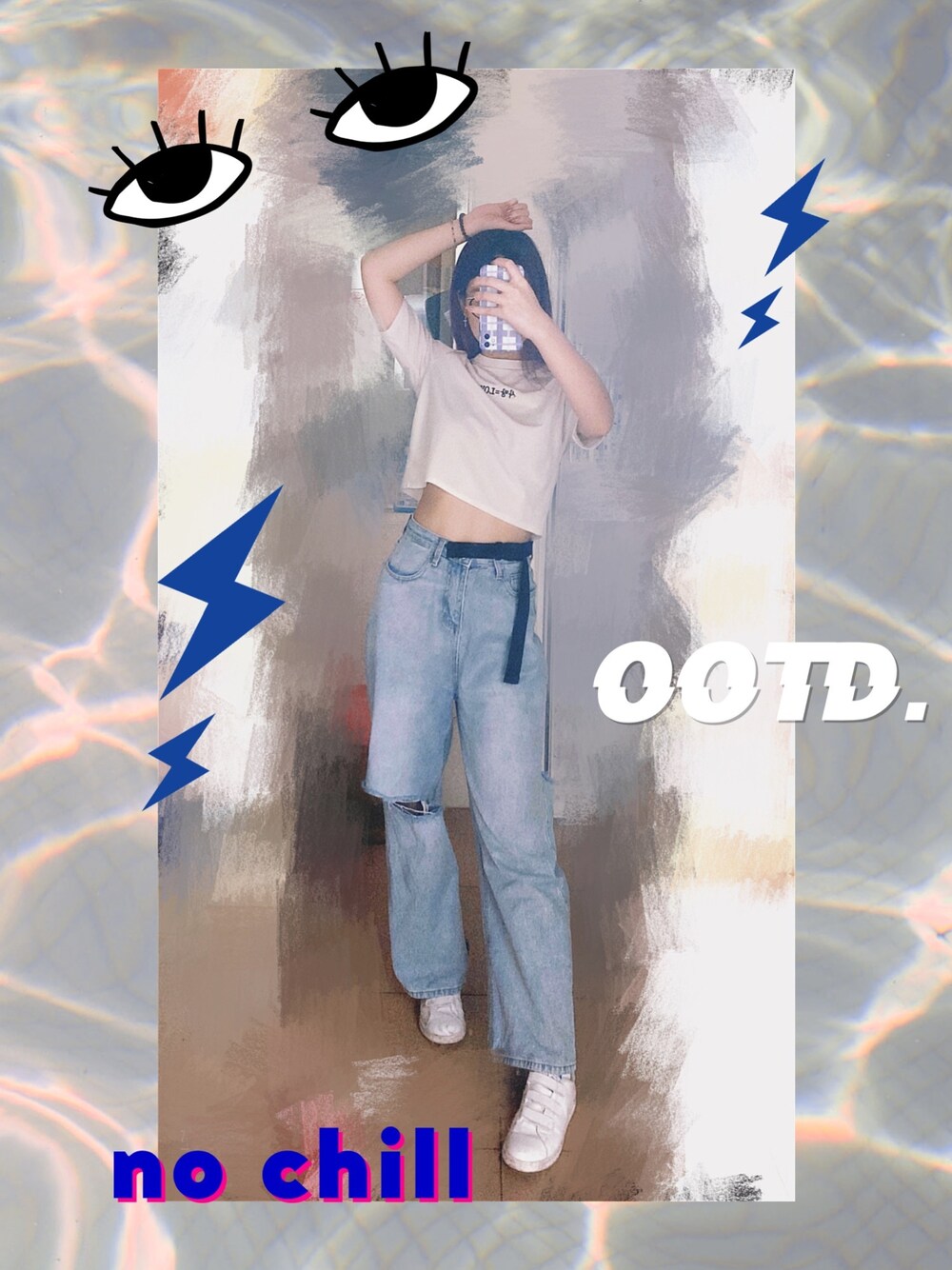 「ootd、夏、街头搭配、球鞋、牛仔裤、白T、adidas」｜「APEAのアイテム（デニムパンツ、ブルー系）」を使った、Peach🍑さん（レディース・170cm）の夏コーディネートの1枚目の写真