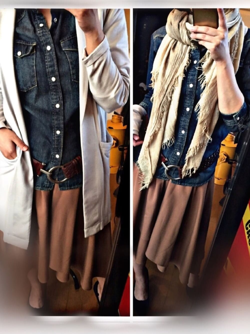 「大人カジュアル、秋服、秋色、低身長、デニムシャツ、ストール」｜「NANO universeのアイテム（シャツ/ブラウス、ブルー系）」を使った、a2k3さん（レディース・153cm）の秋コーディネートの1枚目の写真