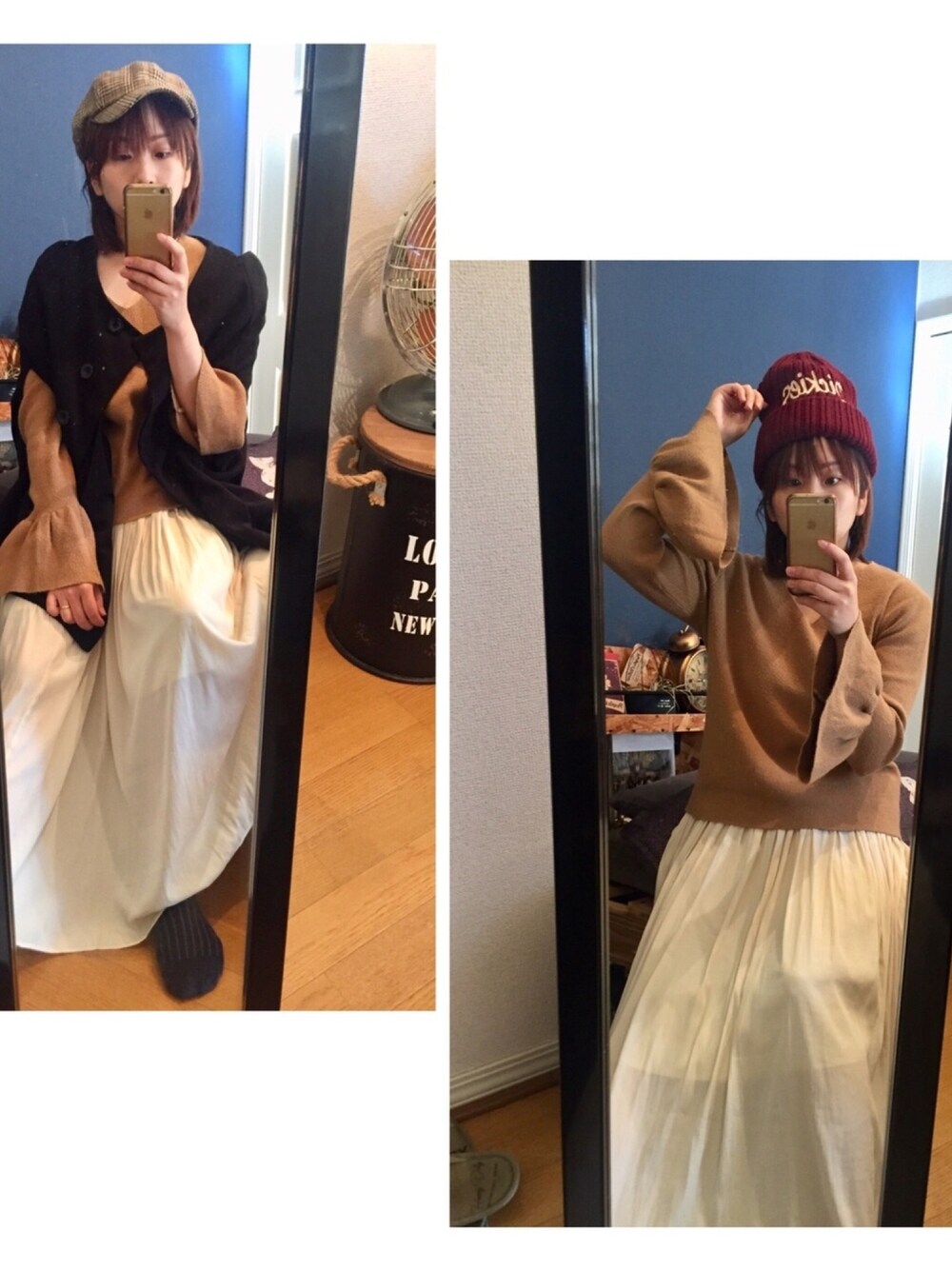 「ニット、ニット帽、キャスケット、ポンチョコート、お洒落さんとつながりたい、低身長」｜「DickiesのDickies　Knit Cap-Smilegive（ニットキャップ/ビーニー、レッド系）」を使った、a2k3さん（レディース・153cm）の秋コーディネートの1枚目の写真