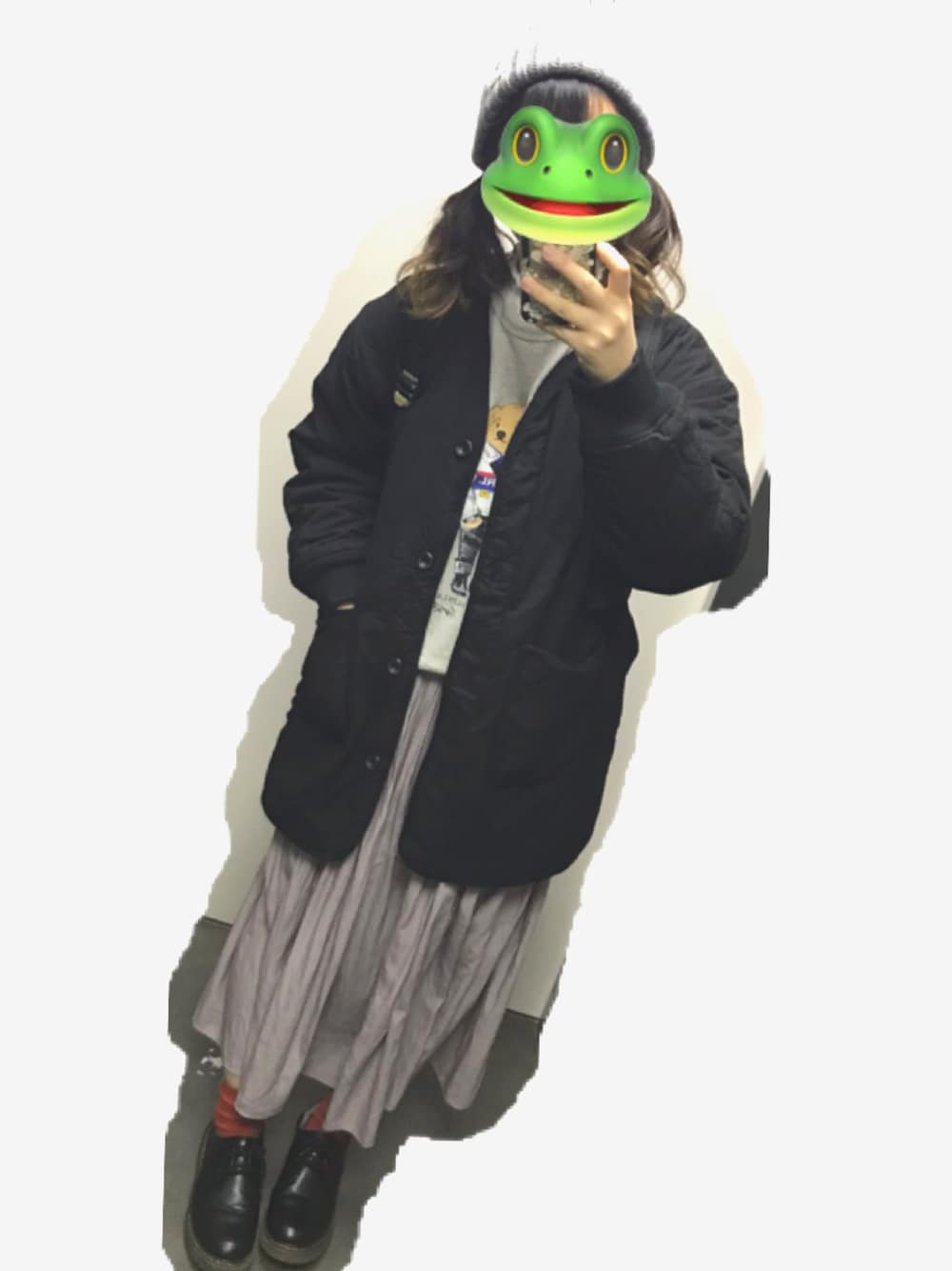 「ラルフローレン、ポロベアー、スカートスタイル」｜「サンキのアイテム（MA-1、ブラック系）」を使った、のちすけ🐸さん（レディース・163cm）の冬コーディネートの1枚目の写真
