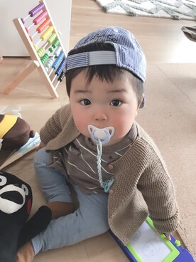 「PETIT BATEAU（プチバトー）のアイテム（キャップ）」を使った、KUさん（キッズ・80cm）の春コーディネート