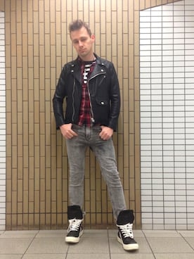 「SPINNS（スピンズ）のアイテム（ライダースジャケット）」を使った、塔弁さん（メンズ・172cm）の冬コーディネート