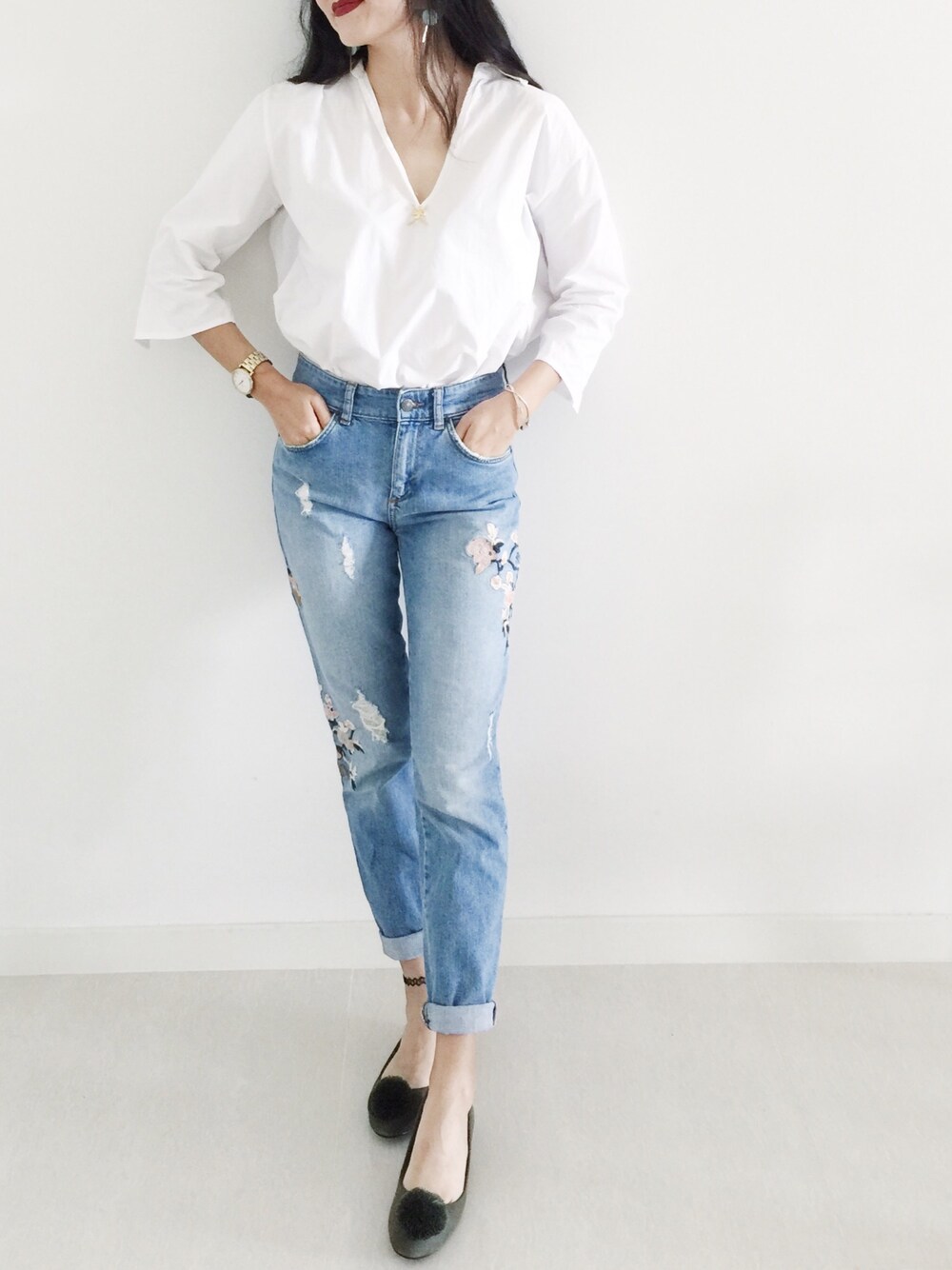 「ootd、girlfriendjeans」｜「ESPRITのアイテム（デニムパンツ、ブルー系）」を使った、Jamieさん（レディース・160cm）の冬コーディネートの1枚目の写真