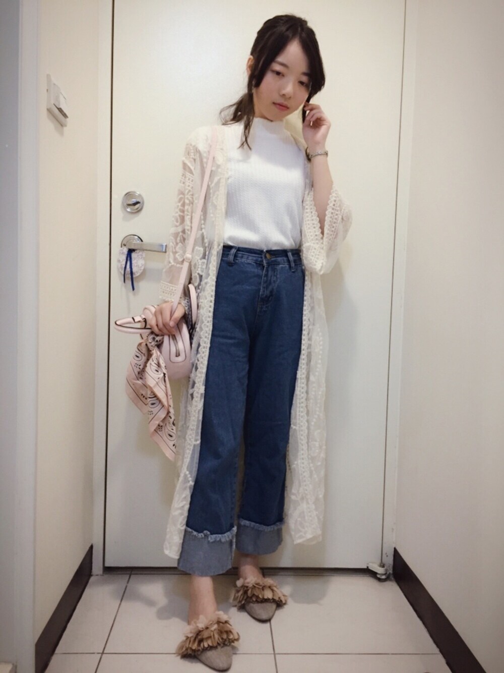 「夏、夏コーデ、ミュール、ootd、outfit」｜「RANDAのフラワーミュールフラッツ（シューズ、ベージュ系）」を使った、alicealice0305さん（レディース・153cm）の夏コーディネートの1枚目の写真
