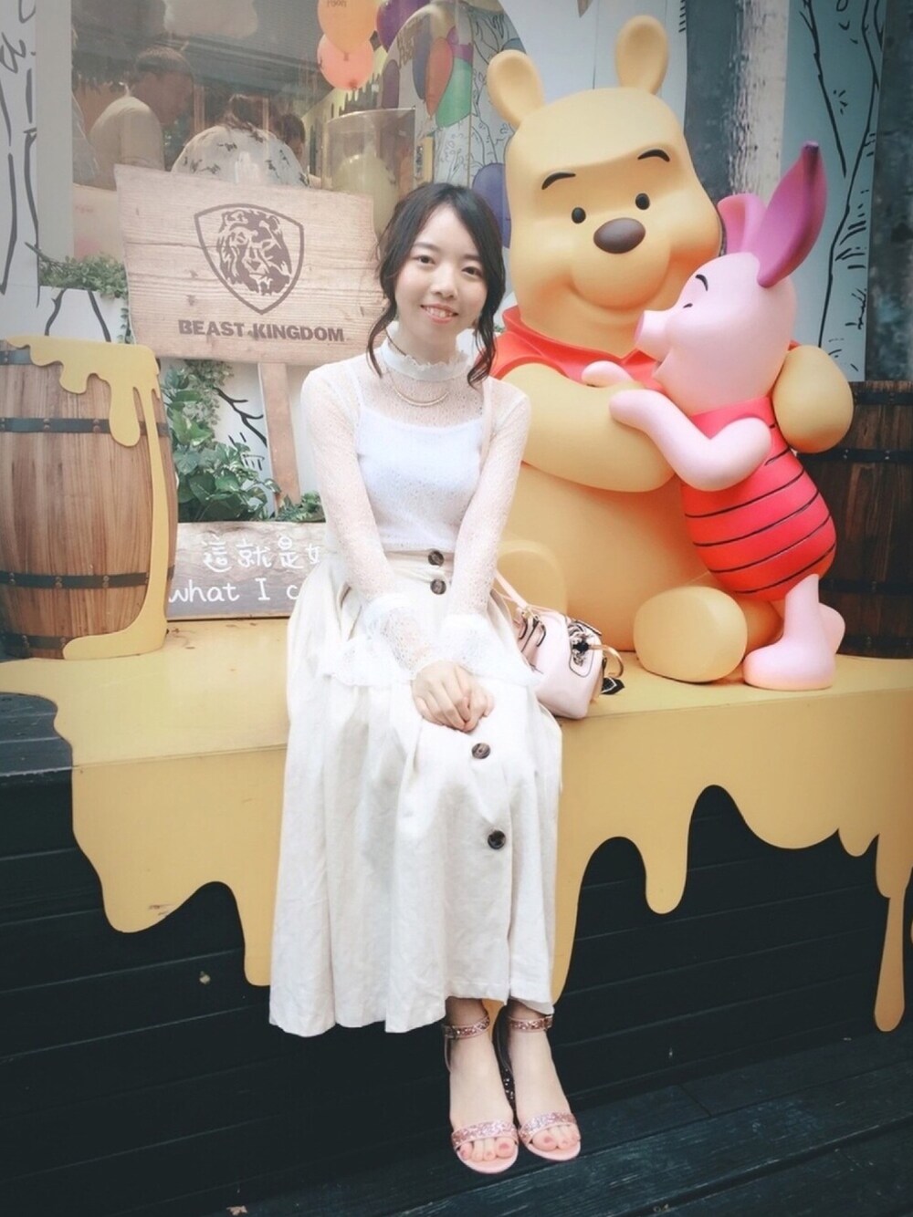 「夏、夏コーデ、ootd、outfit、ぷーさん」｜「Bershkaのアイテム（サンダル、ピンク系）」を使った、alicealice0305さん（レディース・153cm）の夏コーディネートの1枚目の写真