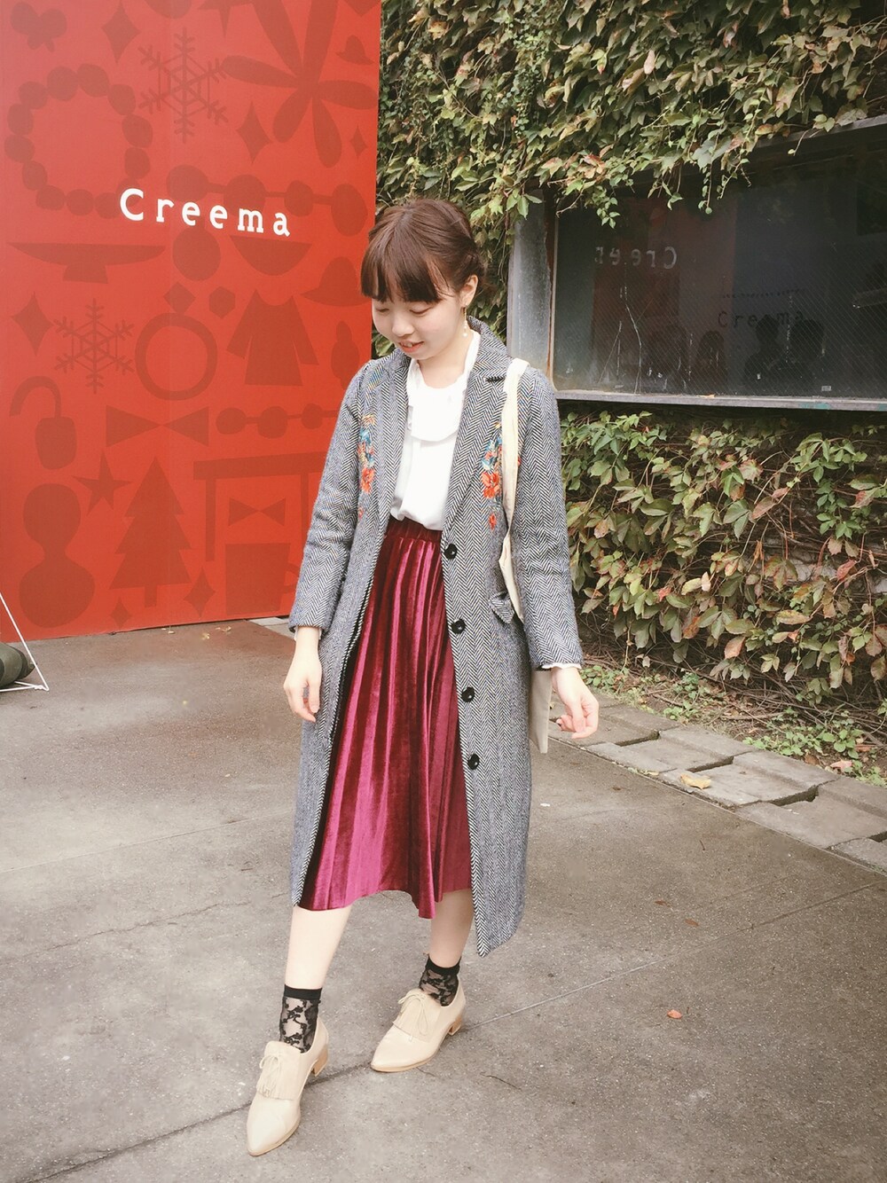 「冬、冬コーデ、休日スタイル、ootd、outfit、creema」｜「Creemaのアイテム（バッグ、ベージュ系）」を使った、alicealice0305さん（レディース・153cm）の冬コーディネートの1枚目の写真