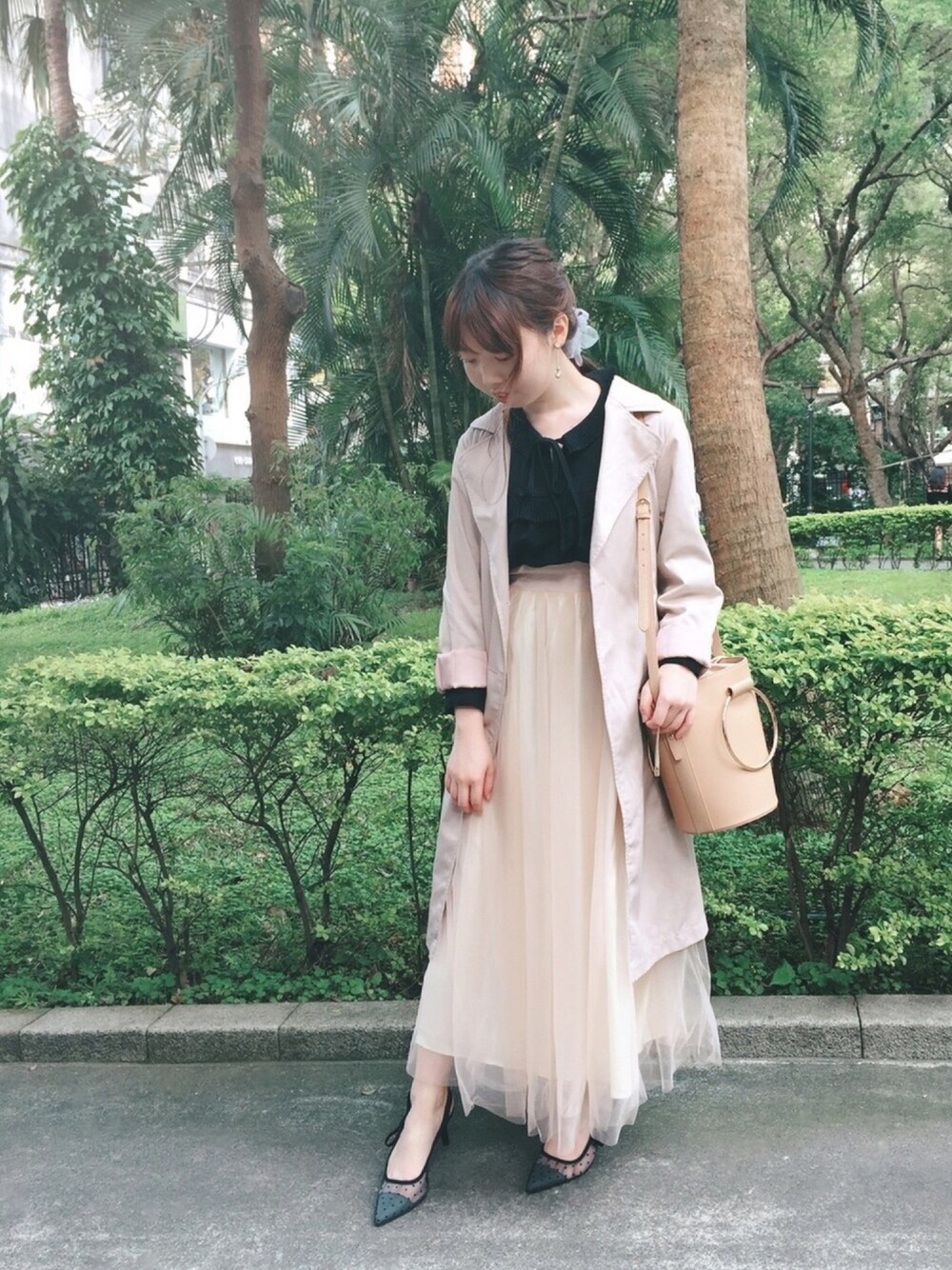 「春、春コーデ、ピンク、透け感、ドット、ootd、outfit」｜「RANDAのアイテム（シューズ、ベージュ系）」を使った、alicealice0305さん（レディース・153cm）の春コーディネートの1枚目の写真