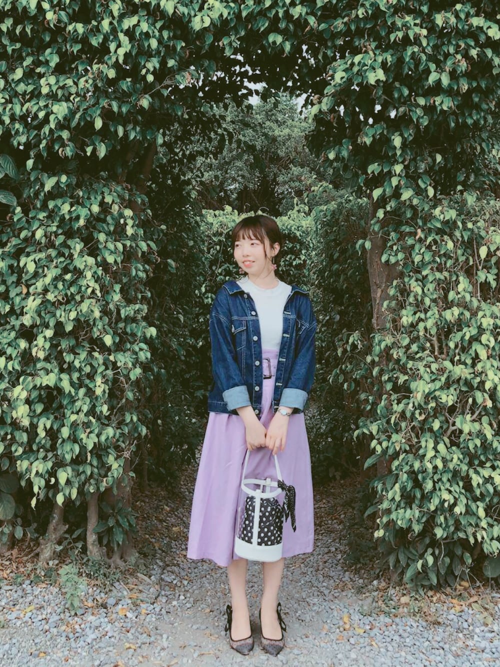 「春、春コーデ、ootd、outfit」｜「earth music&ecologyのアイテム（スカート、パープル系）」を使った、alicealice0305さん（レディース・153cm）の春コーディネートの1枚目の写真