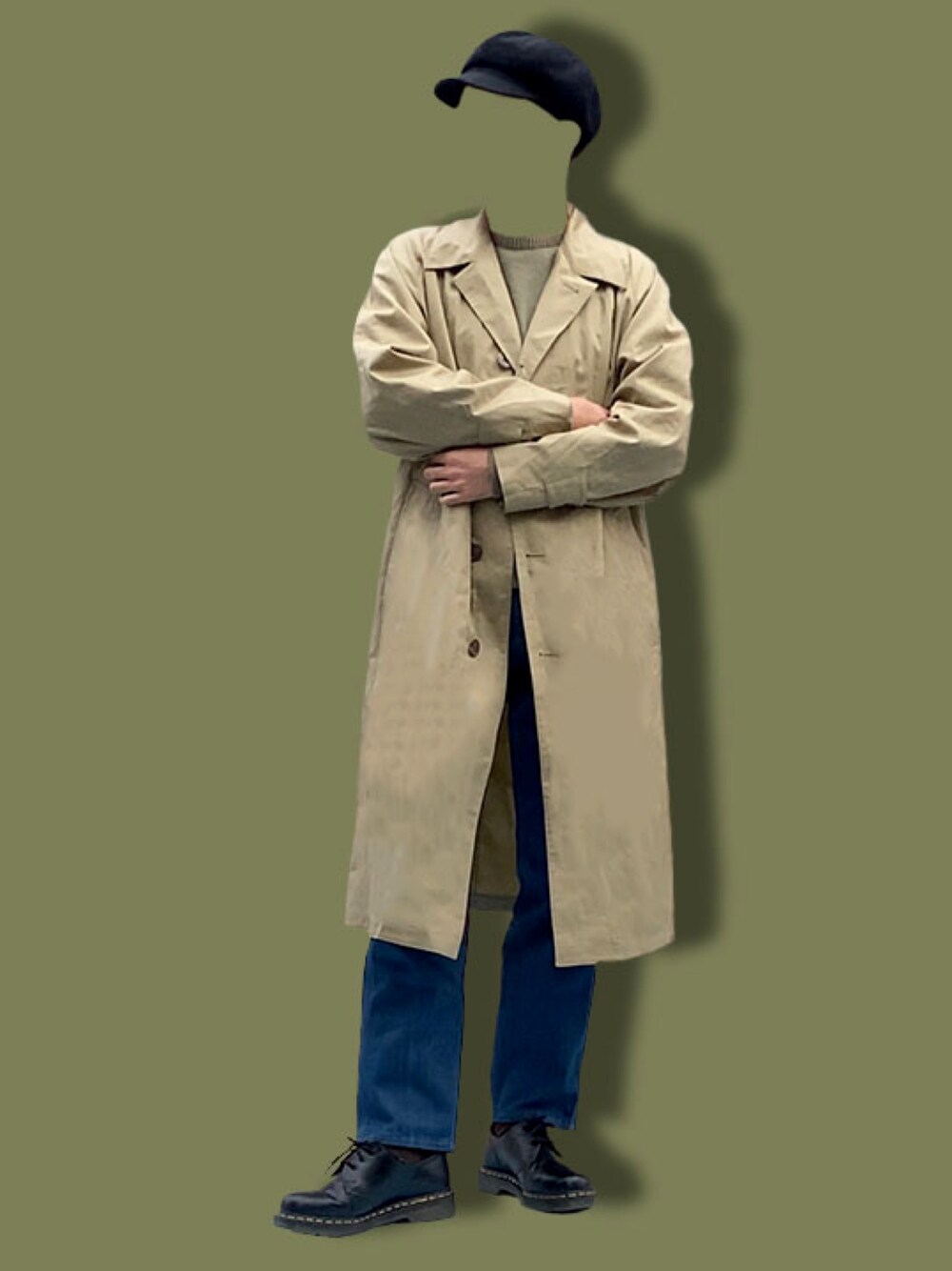 「トレンチコート、UNIQLO U、ユニクロ、ユニクロコーデ、ユニクロユー、UNIQLO JW ANDERSON、UNIQLOU、古着コーデ、キャスケット、キャップ」｜「Dr. MartensのDr.Martens/ドクターマーチン/1461 SMOOTH 3EYE GIBSON 3ホール ギブソン（ブーツ、ブラック系）」を使った、MTさん（メンズ・175cm）の冬コーディネートの1枚目の写真