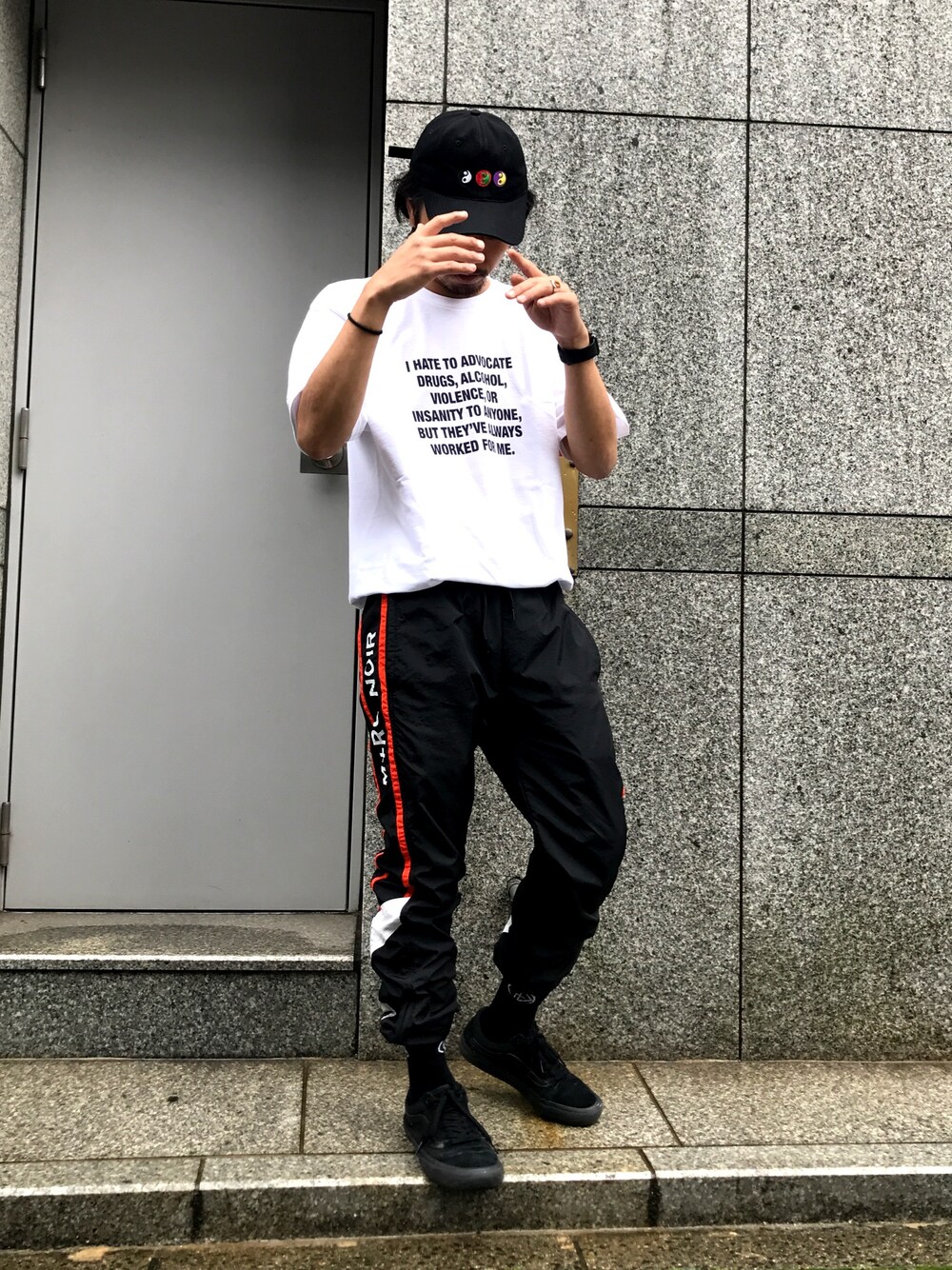 「LHP、タックイン、ソックスイン、LHP名古屋、gosharubchinskiy、ちょいダサ、m+rc noir、pleasures」｜「Gosha Rubchinskiyのアイテム（キャップ、ブラック系）」を使った、相川直輝さん（メンズ・172cm）の夏コーディネートの1枚目の写真