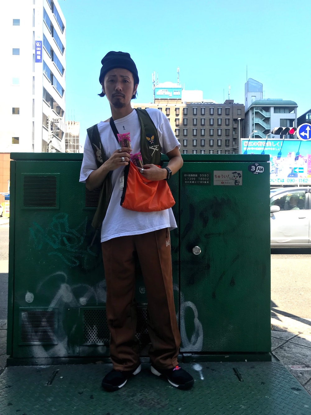 「LHP、SASQUATCHfabrix、NEEDLES、ニードルス、LHP大阪、NIKEACG、沖縄紅芋タルト」｜「沖縄紅芋タルトのアイテム（その他、パープル系）」を使った、相川直輝さん（メンズ・172cm）の夏コーディネートの1枚目の写真