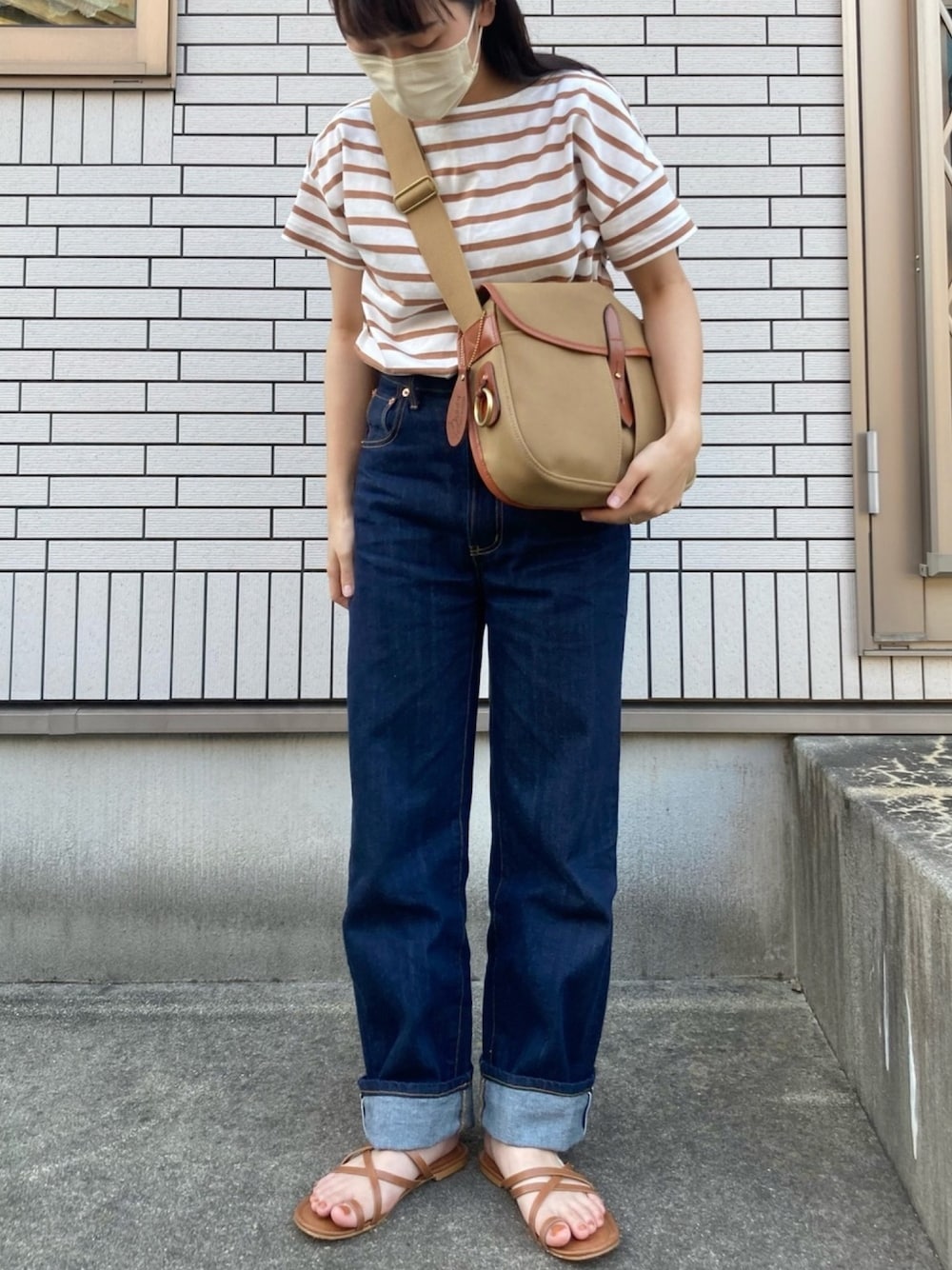 「夏コーデ、カジュアル、シンプル、シンプルコーデ、ボーダー、デニム、無印良品、BRADY、idem、低身長」｜「無印良品のアイテム（トップス、ブラウン系）」を使った、はせべさん（レディース・154cm）の夏コーディネートの1枚目の写真