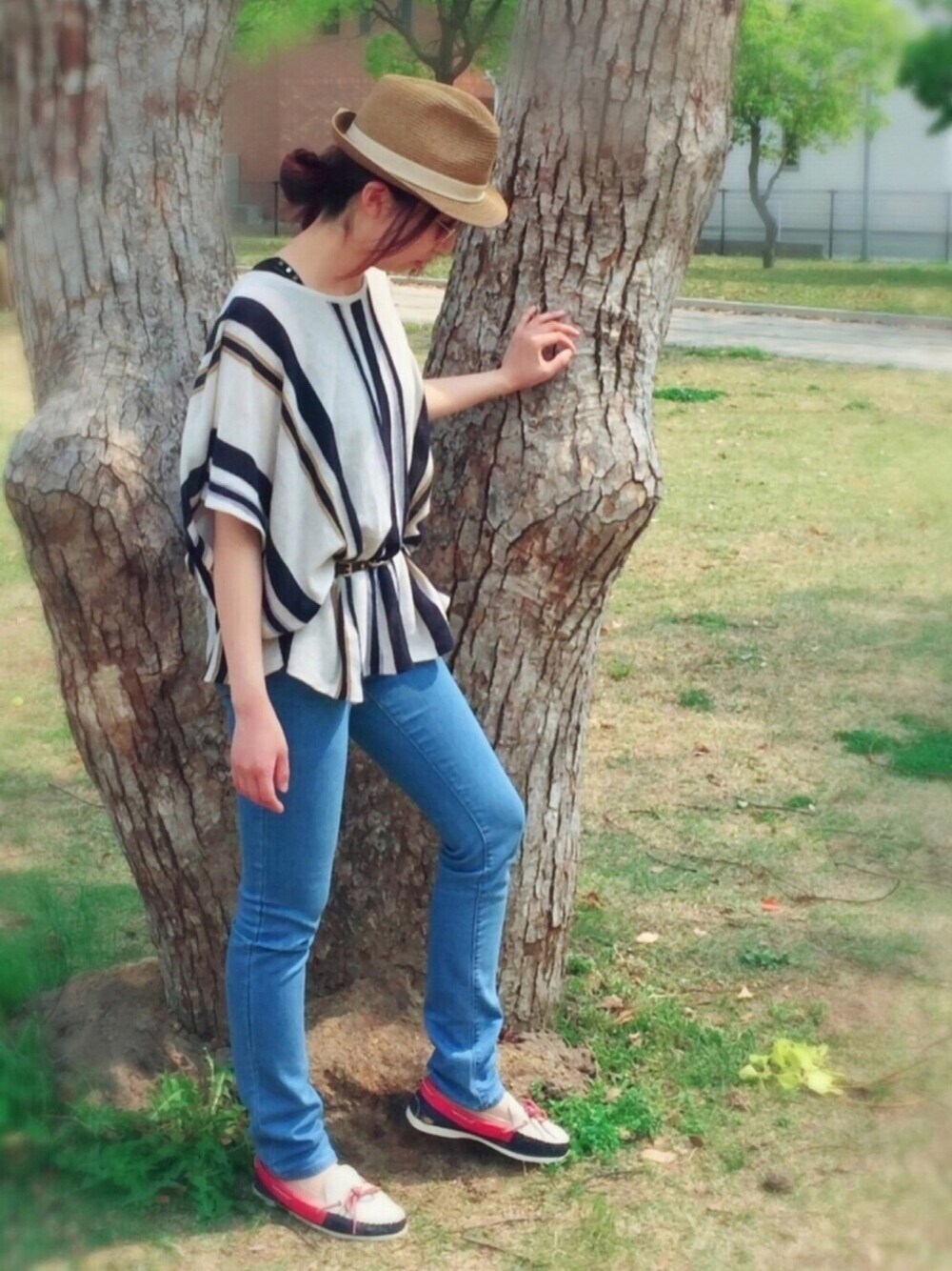 「夏コーデ、ootd、デッキシューズ、シンプル、夏、KBF、公園スタイル、名前昭和部、オトナカジュアル、アダルトおカワたん部」｜「cepoのアイテム（帽子、ベージュ系）」を使った、TARÖSUKEさん（レディース・161cm）の春コーディネートの1枚目の写真