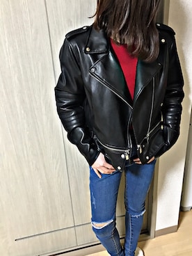 「red」｜「アイテム（ライダースジャケット）」を使った、Kさん（レディース・150cm）の冬コーディネート