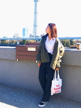「ドットパンツ」｜「アイテム（ブルゾン）」を使った、riichan:)さん（レディース・151cm）の冬コーディネート