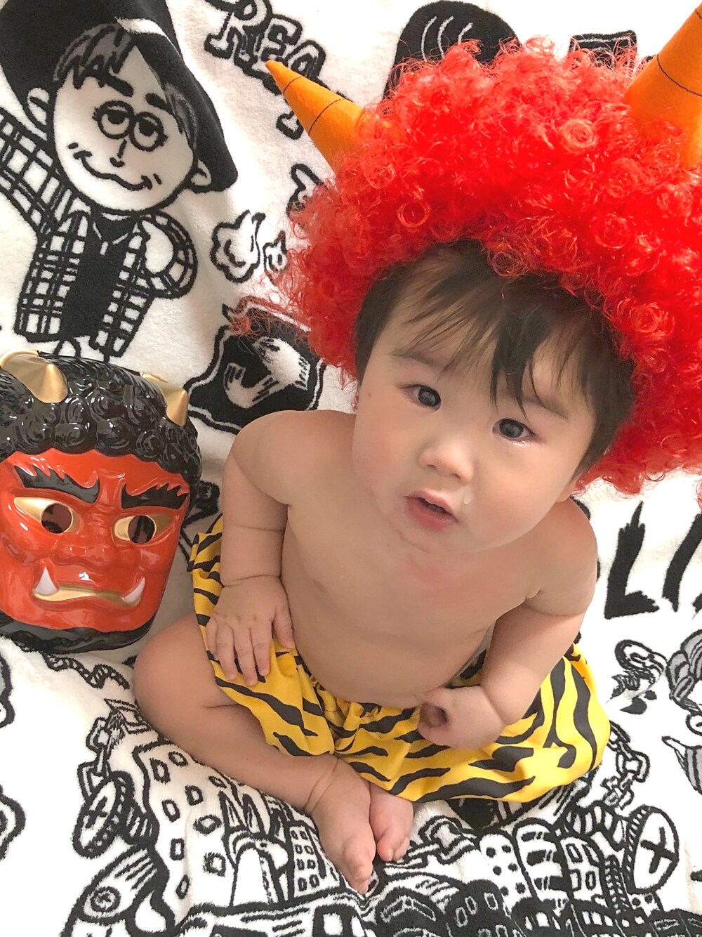 「節分、鬼」｜「ドンキのアイテム（帽子、レッド系）」を使った、R★さん（キッズ・70cm）の冬コーディネートの1枚目の写真