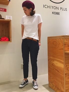 「アイテム（ハンチング/ベレー帽、レッド系）」を使った、14+ イオンモール旭川駅前店 スタッフさん（レディース・165cm）の夏コーディネート