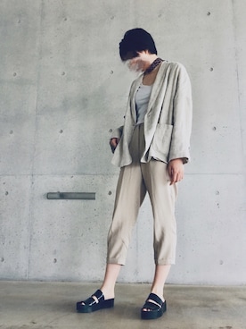 「麻ジャケット」｜「アイテム（サンダル）」を使った、ⓨⓤさん（レディース・168cm）の春コーディネート