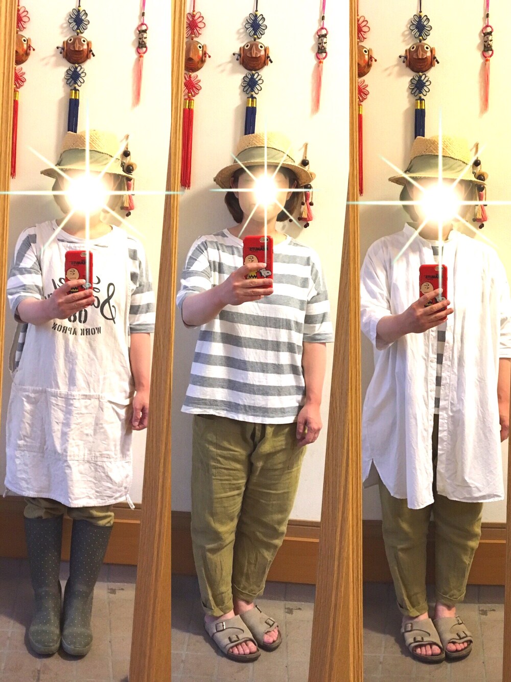「今日のコーデ、夏コーデ、むきわら帽子、エプロン、シャツワンピ、長靴」｜「niko and...のアイテム（Tシャツ/カットソー、グレー系）」を使った、まっきさん（レディース・148cm）の春コーディネートの1枚目の写真